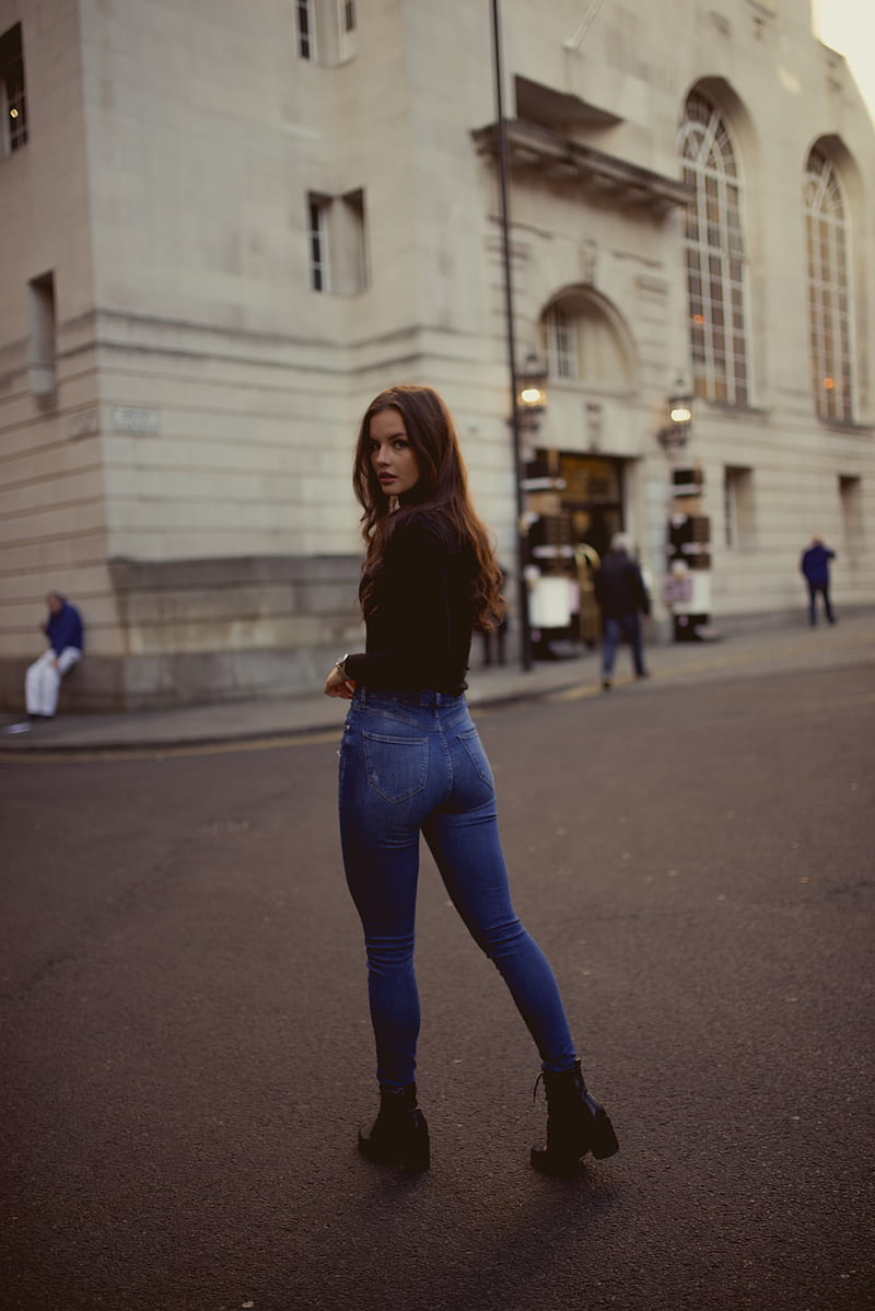 Lily Kate France, model, women, looking over shoulder, black clothing, jeans, brunette, women outdoors, HD phone wallpaper
