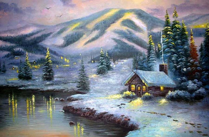 By Thomas Kinkade - Olympic Mountain Evening, mountain, art, snow, painting, thomas kinkade, winter, HD wallpaper