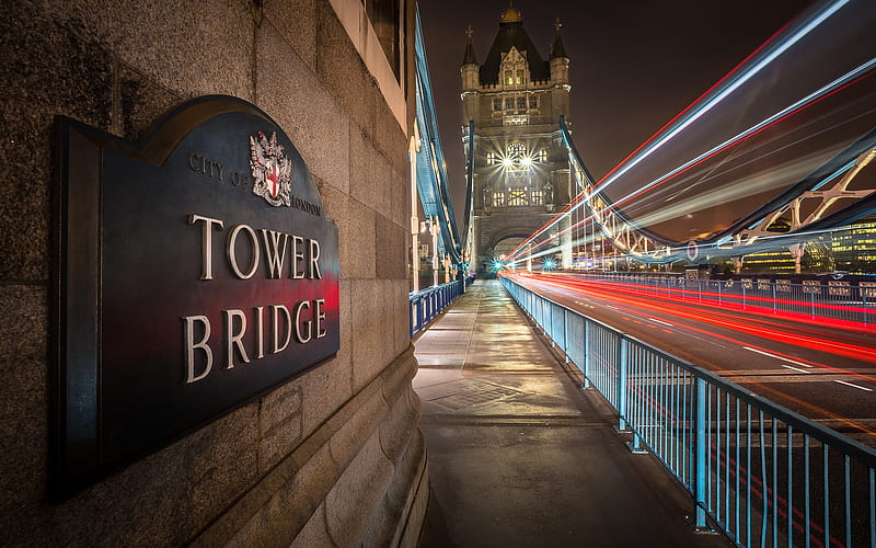 Tower Bridge, London, light lines, London landmark, bridge, evening, England, HD wallpaper