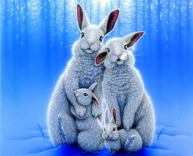 Warmth of Family, family, love four seasons, xmas and new year, winter, paintings, snow, rabbits, animals, blue, HD wallpaper