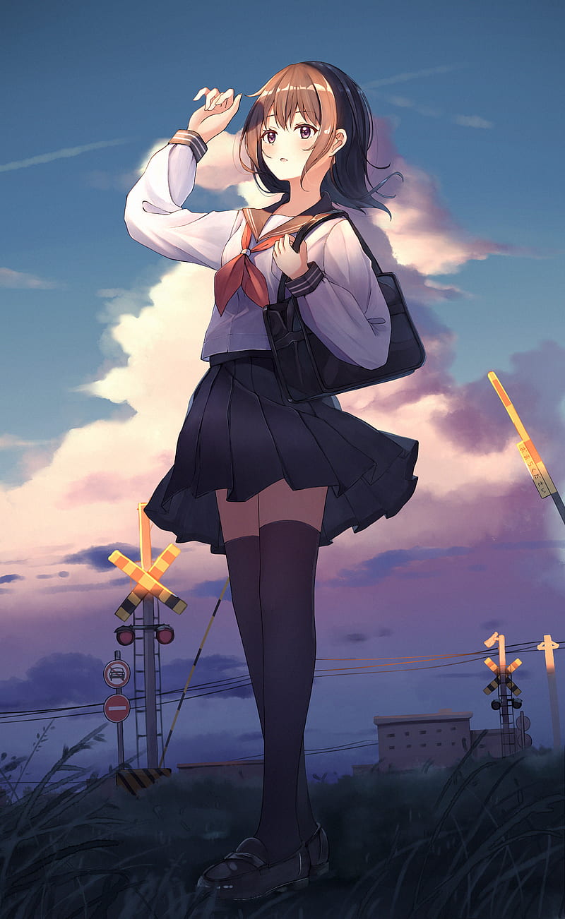 schoolgirl, uniform, clouds, twilight, anime, HD phone wallpaper