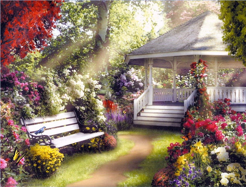 lindo jardim, fantasia, jardim, passaro, borboletas, HD wallpaper