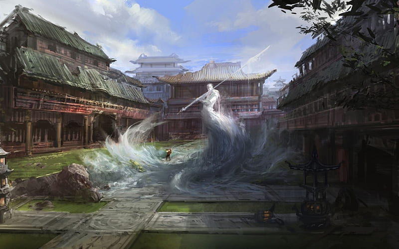 Air spirit, world, fantasy, game, asian, temple, jade dynasty, HD wallpaper