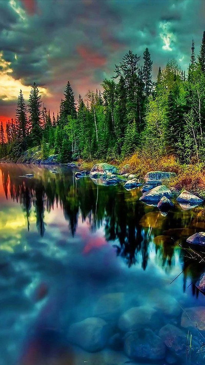 Beautiful nature, clouds, lake, nature, reflection, rocks, trees ...