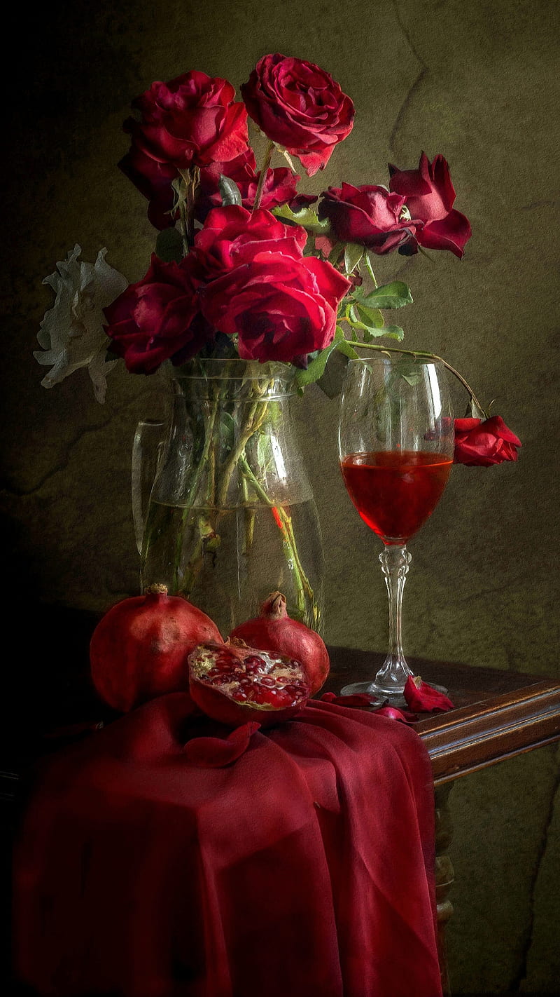 Red roses, flowers, juice, love, pomegranate, roses, table, vase, HD phone wallpaper