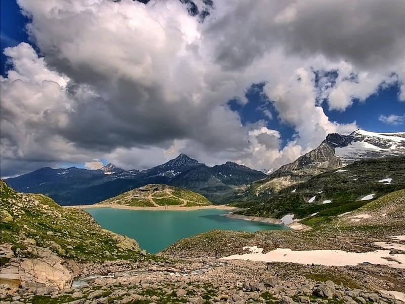 Alpine Mountains, Austria, rock, grass, sky, clouds, lake, alpine, mountain, water, austria, day, nature, landscape, HD wallpaper