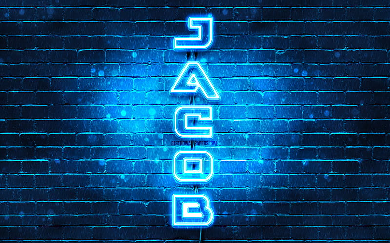 Jacob, vertical text, Jacob name, with names, blue neon lights, with Jacob name, HD wallpaper