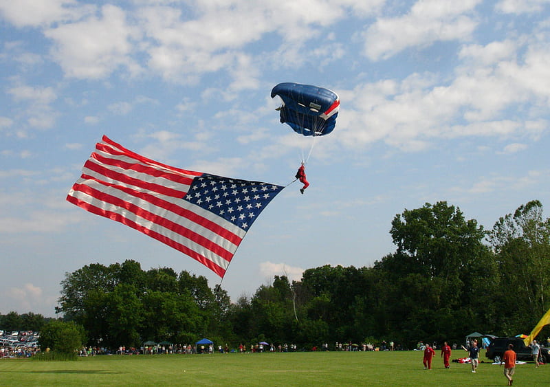 Jumper With American Flag, USA, Skydiving, Outdoors, Parachute, Festival, Flag, 4th Of July, Patriotic, HD wallpaper