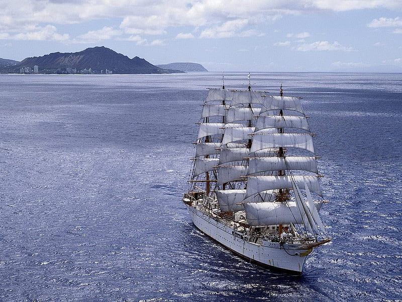 Beautiful Cruise, ocean, mast, saiboat, sea, sail, boat, antique, ship, classic, white, wood, blue, HD wallpaper