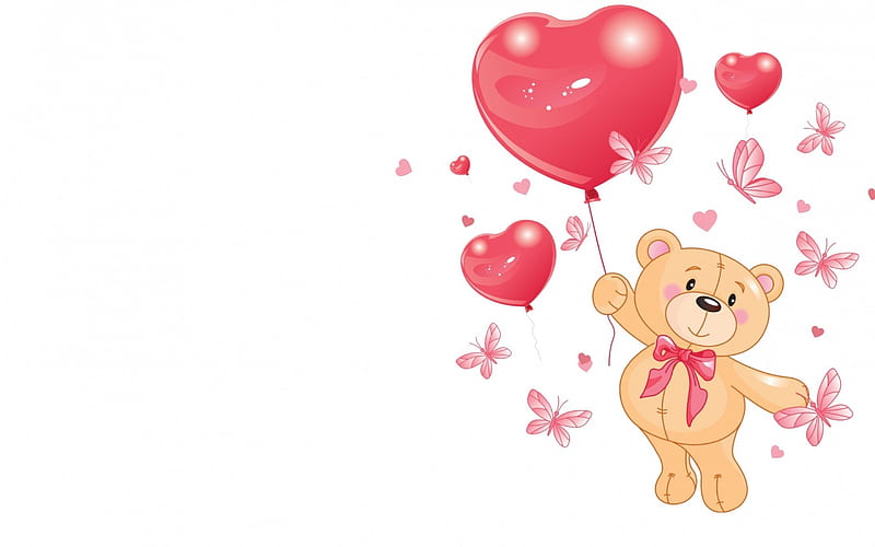 Happy Valentine's Day!, valentine, card, cute, balloon, butterfly, heart, white, teddy bear, pink, HD wallpaper