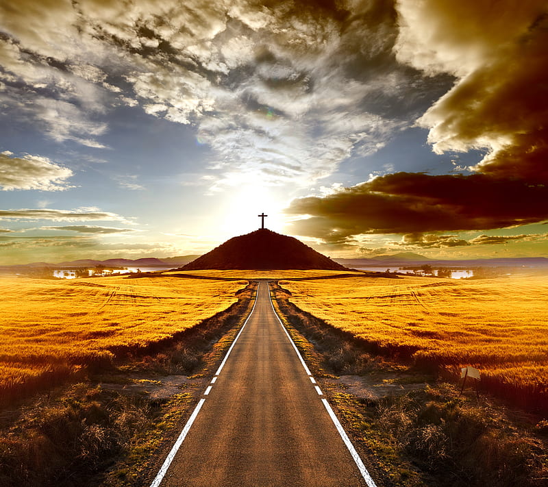 Road To Heaven, abstract, cross, landscape, mountain, nature, path, road, HD wallpaper