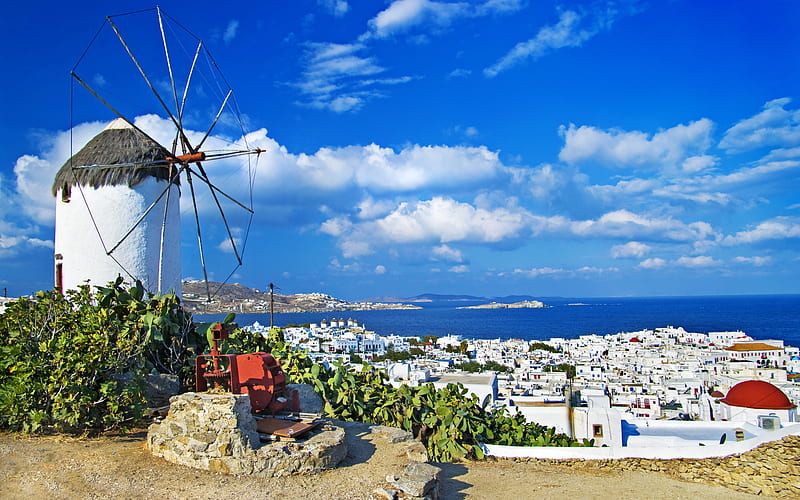 Landscape, Cities, Nature, Sky, Sea, Architecture, Summer, City, Building, Mountain, Holiday, House, Style, Island, Hill, Roof, Tropical, Church, Cute, Resort, Sunny, Culture, Restaurant, Greece, Town, Windmill, Hotel, Europe, Santorini, Greek, Romantic, Man Made, Cyclades, Cycladic, Aegean, Mykonos, Touristic, HD wallpaper
