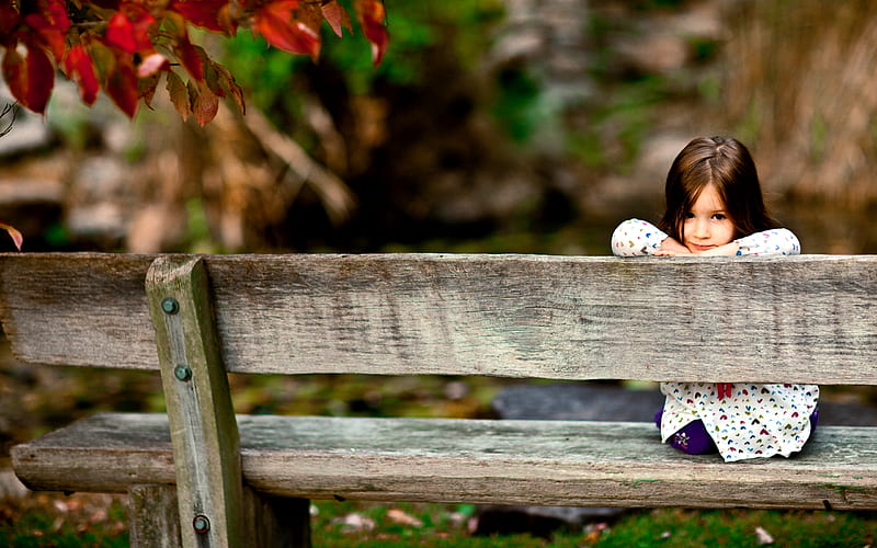 I CAN'T WAIT FOR SPRING! forest, look, bench, smile, park, mood, board, girl, sitting, wood, kids, HD wallpaper