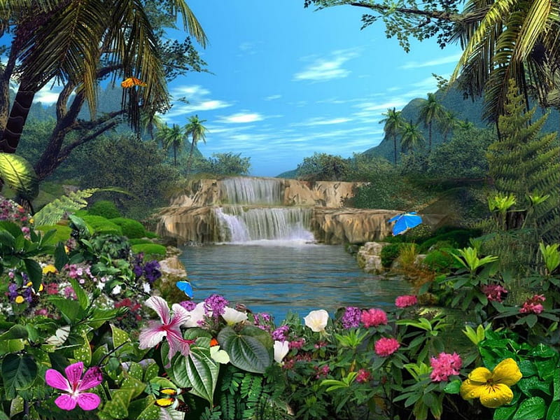 Nature At It's Best, water, flowers, waterfall, nature, butterflies, sky,  lake, HD wallpaper | Peakpx