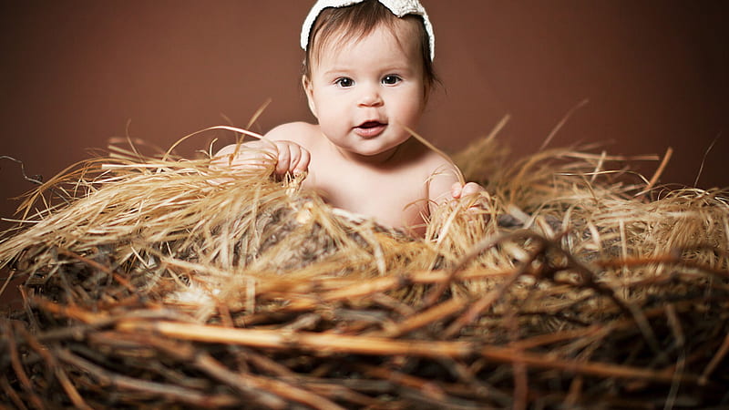 Cute Baby Child Is Sitting On Haystack In Brown Background Cute, HD wallpaper