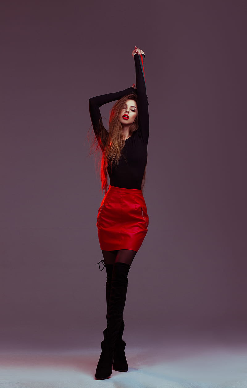 women, model, red lipstick, long hair, red skirt, boots, HD phone wallpaper