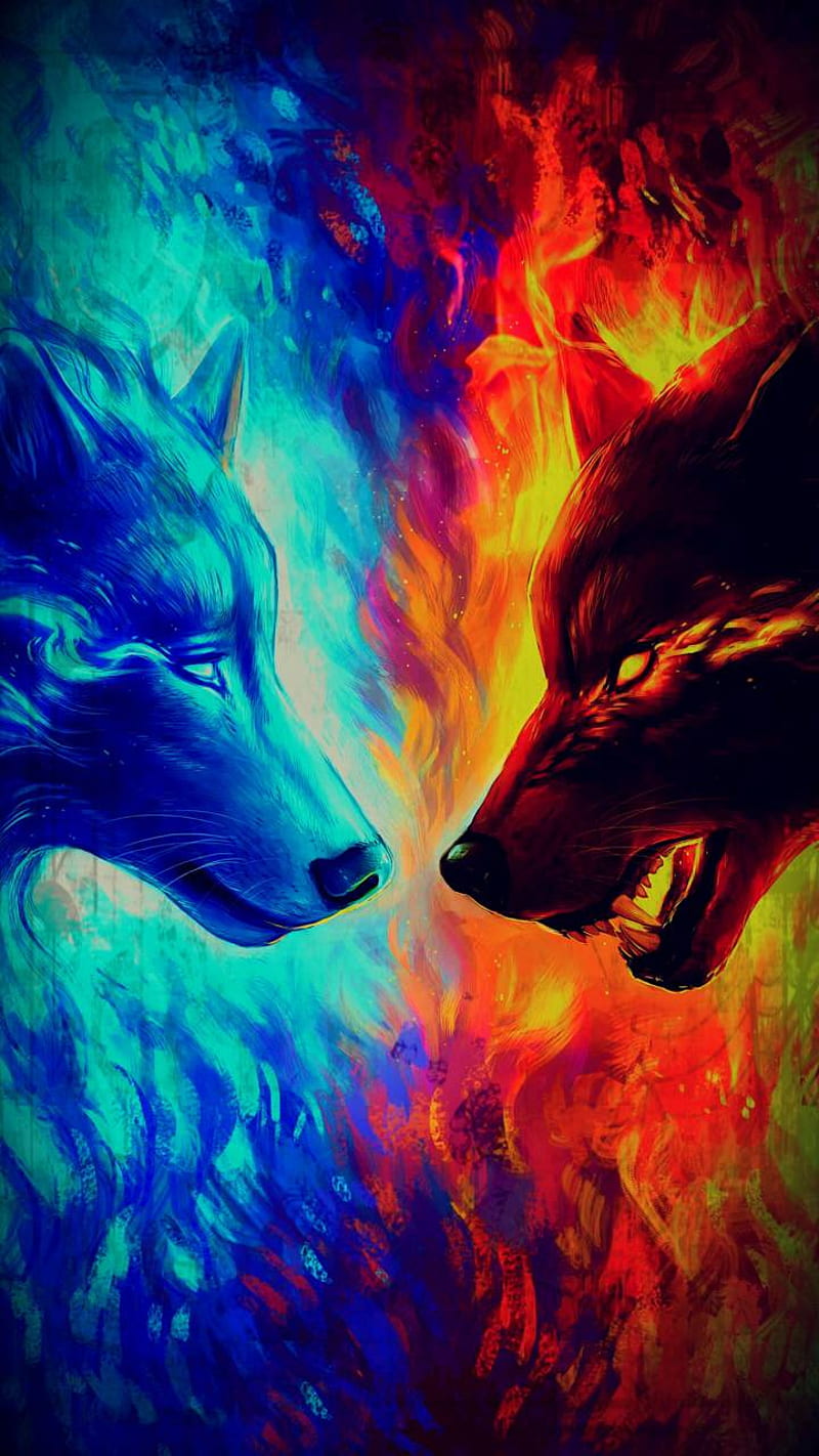 Fire and Ice, dragon, wolf, HD phone wallpaper