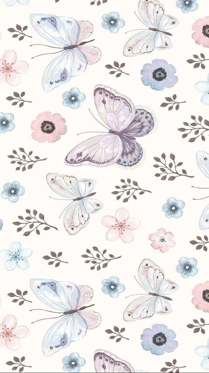 Butterflies, cute, flowers, pastel, pattern, HD phone wallpaper | Peakpx