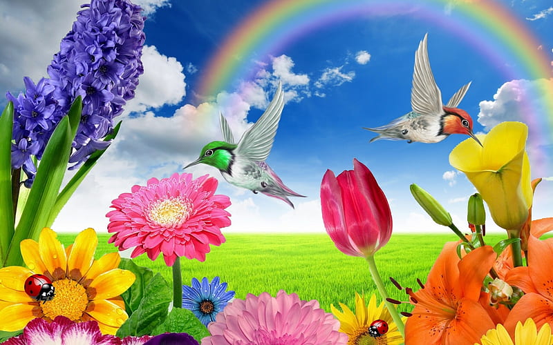 Bright and Beautiful Flowers, colorful, Digital art, lovely, cheerful, hummingbirds, birds, rainbow, nature, Flowers, HD wallpaper