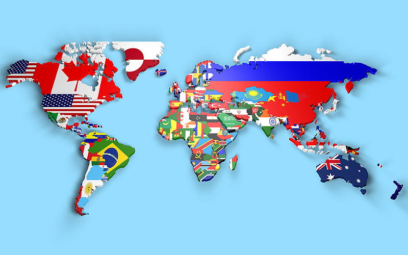 3D world map with flags world map concept, artwork, 3D world map, creative, world map, 3D art, world maps, HD wallpaper