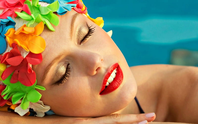 Frida Gustavsson, red, model, yellow, woman, make-up, girl, green, summer, face, blue, HD wallpaper