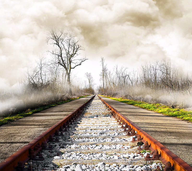 Railway, clouds, foggy, nature, sky, stones, train, HD wallpaper