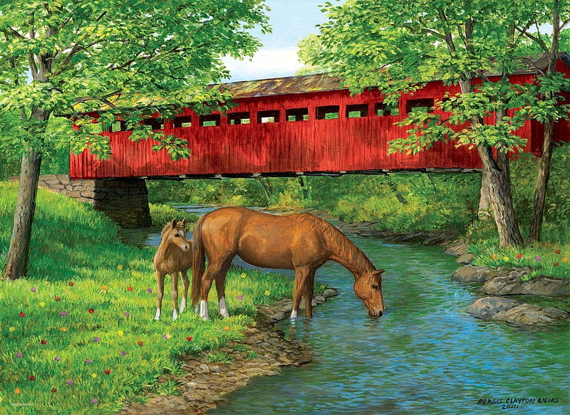 Horses, horse, blue, red, art, brown, persis clayton weirs, cal, water, bridge, painting, pictura, HD wallpaper