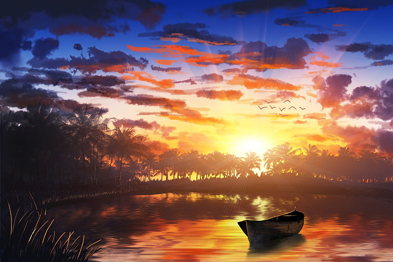boat, sunset, palm trees, water, art, HD wallpaper