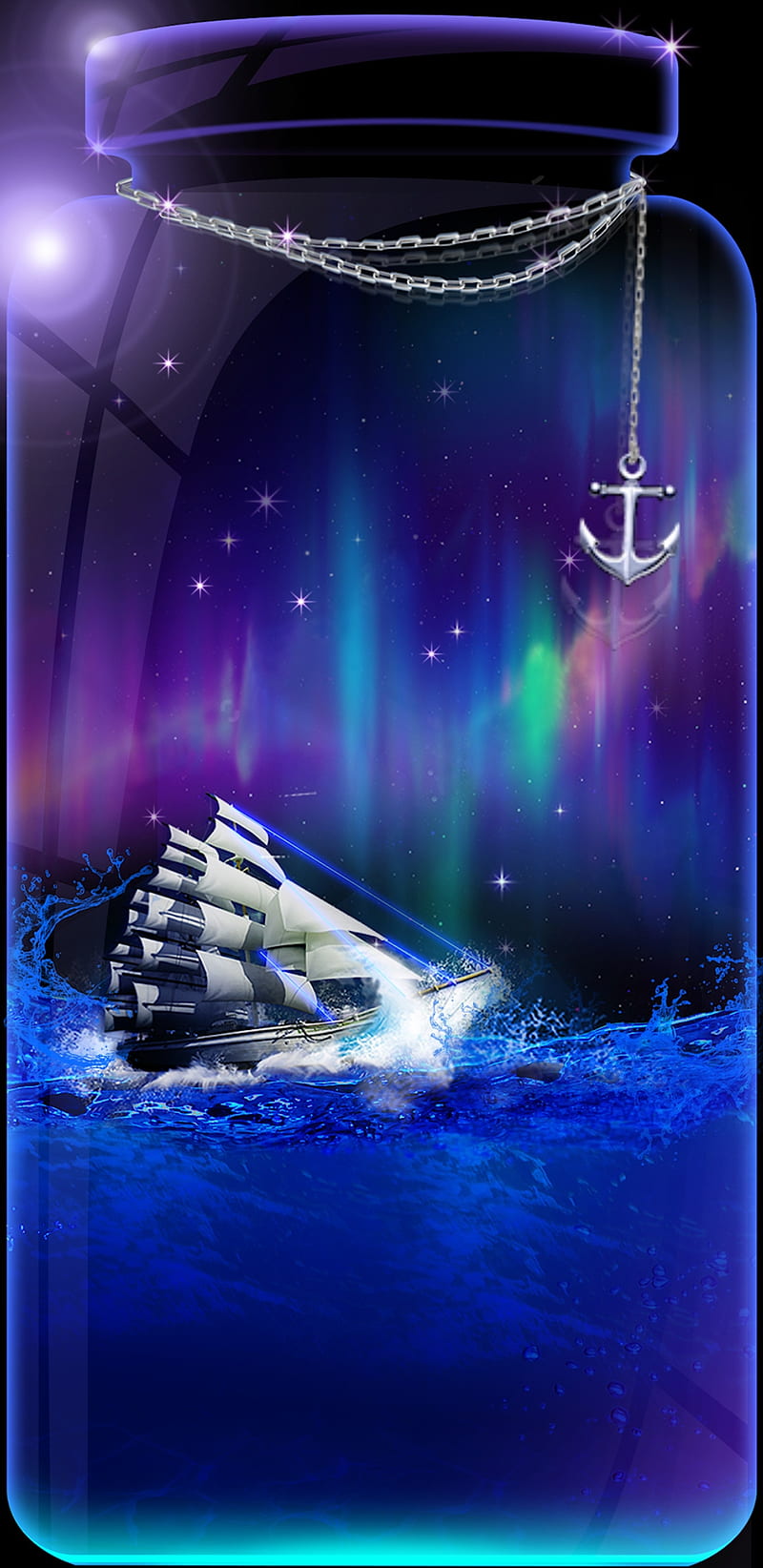 Bottled Ship, anchor, aurora, blue, glow, light, lights, pretty, purple, HD phone wallpaper