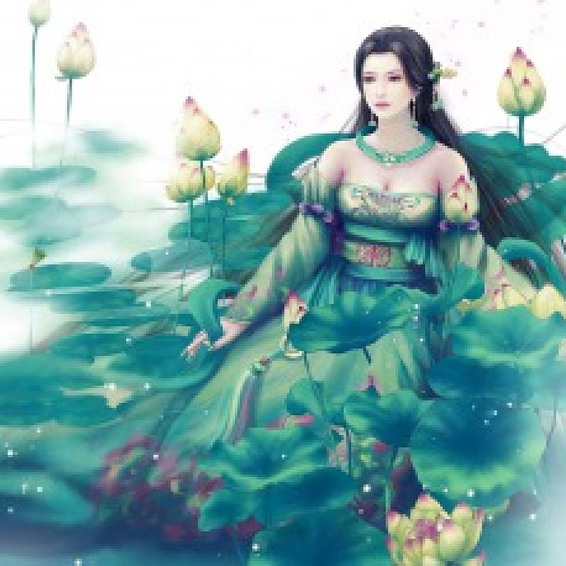 Green Lotus, pretty, wonderful, wet, cg, sweet, floral, nice, fantasy, lily pads, beauty, realistic, long hair, lovely, gown, water, oriental, awesome, white, maiden, lotus dress, divine, bonito, sublime, blossom, green, black hair, gorgeous, female, water lily, pond, girl, fantasy girl, flower, lady, angelic, HD wallpaper