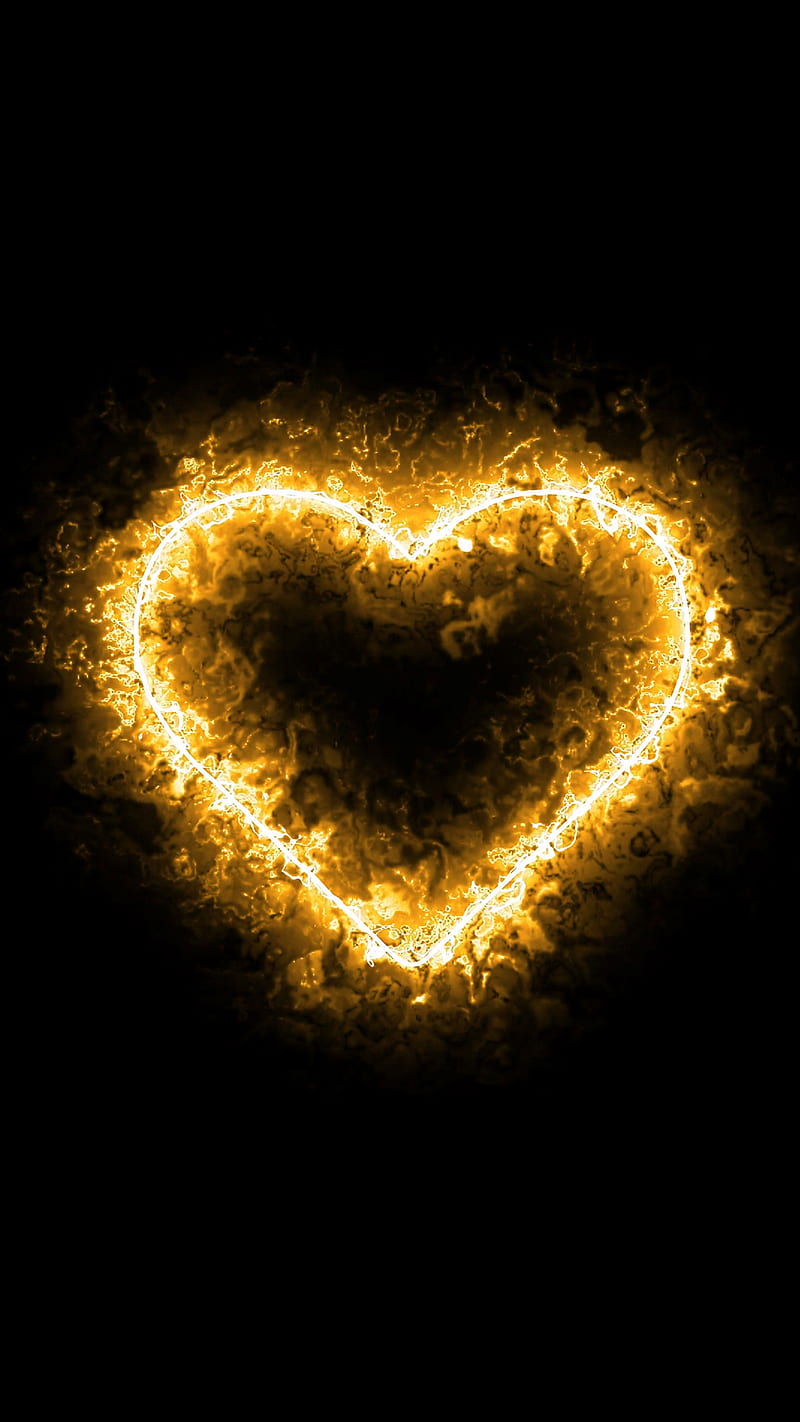 Golden Heart, 0010, Golden, abstract, black, cool, dark, fire, glare, glow, gold, heart, light, line, love, night, HD phone wallpaper