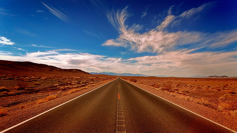 clear black concrete road under white and blue skies, HD wallpaper
