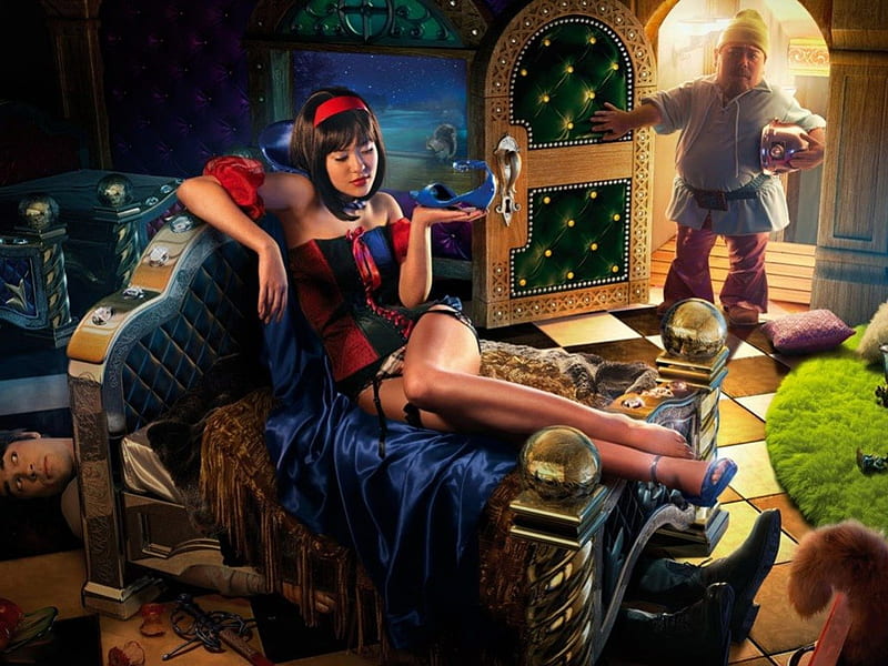 Snow White, pretty, stunning, cg, captivating, woman, sublime, door, alluring, couch, room, beautiful girl, gorgeous, graceful, female, cute girl, fairy tale, snow white and the seven dwarfs, girl, sexy girl, dwarf, fable, HD wallpaper