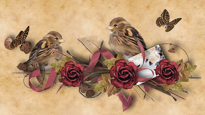 Charming Fall Roses, fall, autumn, decoration, ribbon, birds, butterflies, roses, s leaves, Firefox Persona theme, HD wallpaper