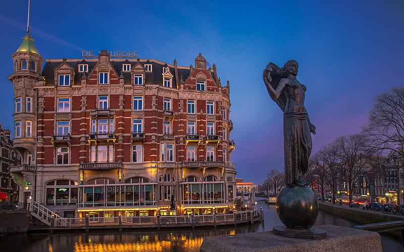 Amsterdam, De LEurope Amsterdam, evening, Nieuwe Doelenstraat, sunset, hotel, statue, Amsterdam cityscape, Netherlands, Amsterdam hotels, HD wallpaper