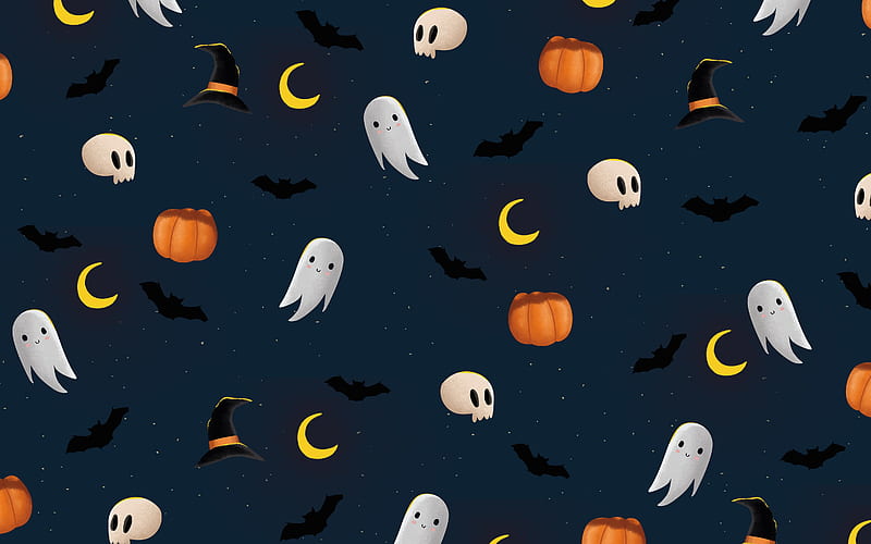 Holiday, Halloween, Ghost, Pumpkin, Skeleton, Witch Hat, HD wallpaper