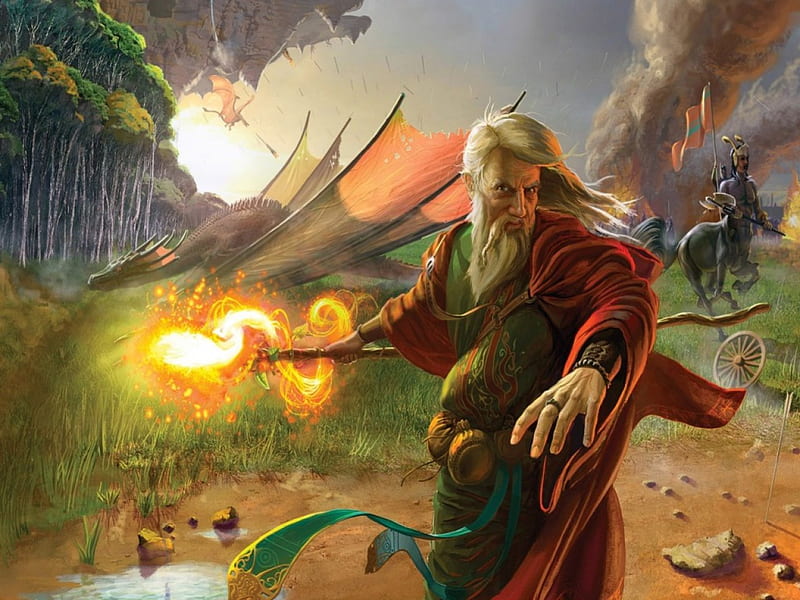 Wizard In Battle, Smoke, Wizard, Centaur, Drangon, Fantasy, HD wallpaper