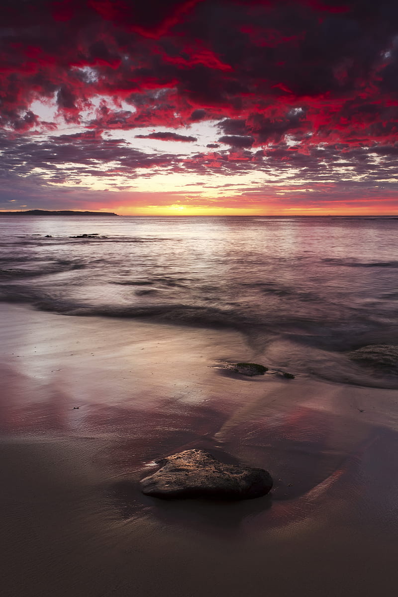 sunset, horizon, beach, stones, sea, HD phone wallpaper
