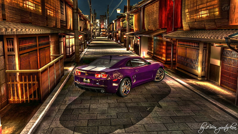purple camaro in old japan r, purple, town, car, r, street, HD wallpaper