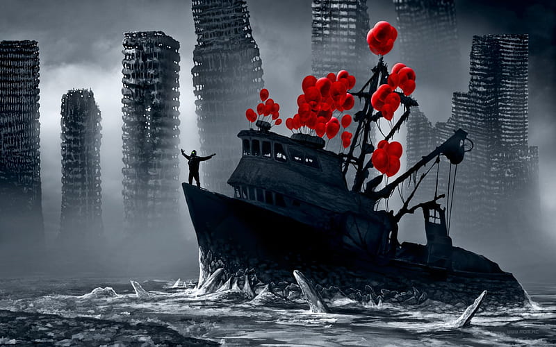 Romance of the apocalypse, red, art, buildings, black, fantasy, city, water, ship, heart, balloons, white, HD wallpaper