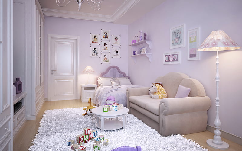 children bedroom, modern interior design, bedroom for a little girl, stylish interior design, HD wallpaper