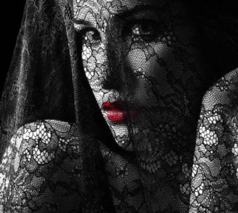 ღ, woman face, black laced veil, beauty, red and black, red lips, HD  wallpaper