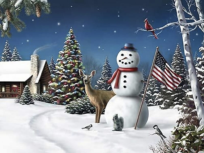 USA christmas, house, christmas, snowman, flag, deer, typical, winter, us, nation, night, HD wallpaper