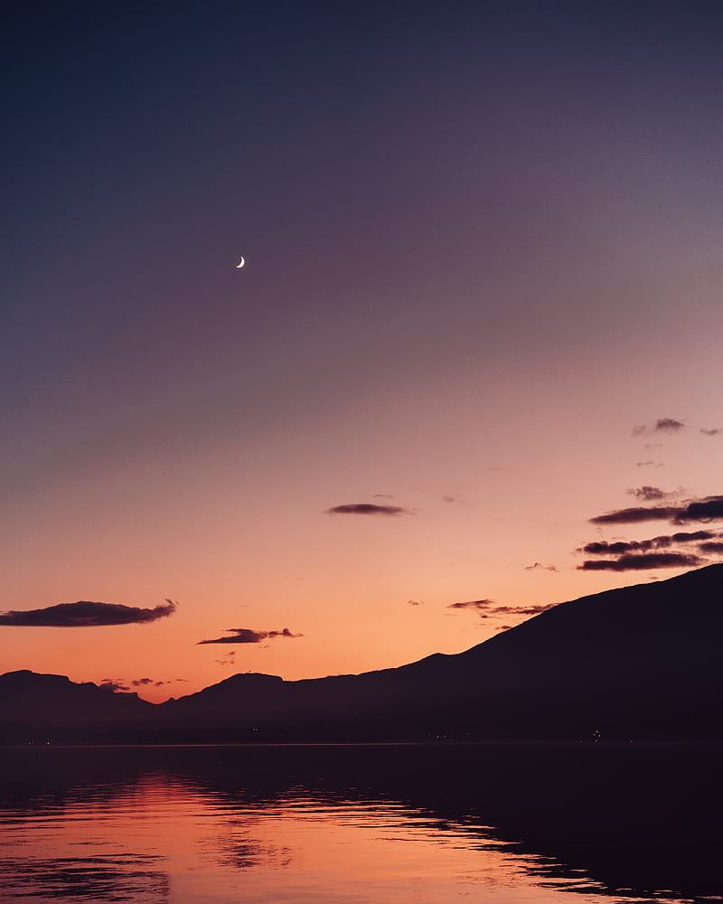 lake, mountains, dusk, moon, water, HD phone wallpaper