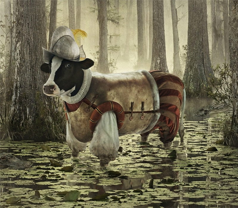 Lost in the swamp, cow, andy mahr, swamp, situation, animal, hat, add, water, vaca, funny, commercial, HD wallpaper