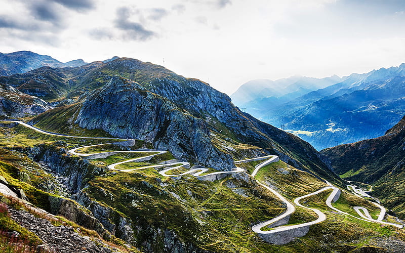 Gotthard Pass, mountain serpentine Alps, Switzerland, mountain road, Ticino, HD wallpaper