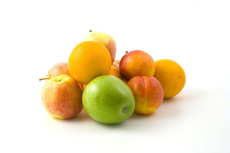 Fruit, apple, green, orange, colored, nectarine, white, HD wallpaper