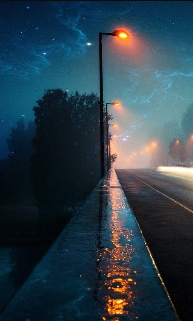 Street, night, fog, car, lights, HD phone wallpaper