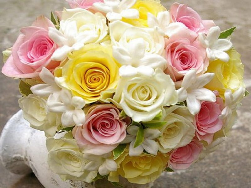 Bridal Bouquet, pink-yellow-white, bouquet, flowers, yellow, nature