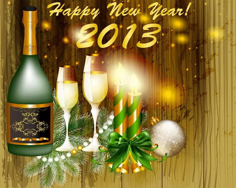 Happy new year, pretty, bottle, toast, bonito, nice, cheers, spalkles, dedcoration, lovely, holiday, wine, new year, mood, balls, champagne, wishes, branches, gifts, HD wallpaper